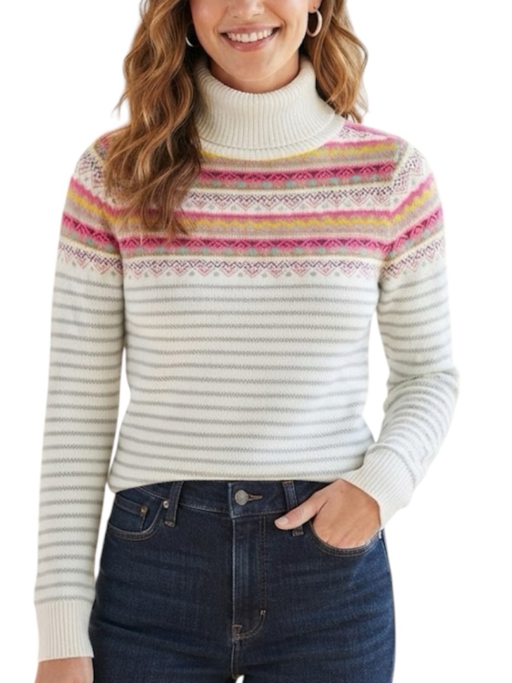 Nordic Fair Isle Cropped Turtleneck Sweater White M Medium Jeanswest